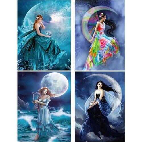 5D Diy Diamond Painting Moon Elf Girl Full Round Square Drill Rhinestone Mosaic Wall Art Picture Home Decoration Birthday Gift