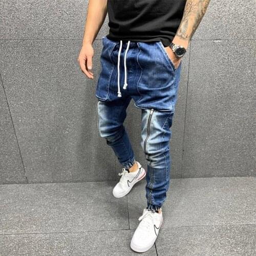 New Men Fashion Striped Blue Ripped Jean Homme Zipper Skinny Biker Jeans Slim Fit Long Denim Pants Stretch Pocket Hip Hop Jeans