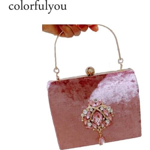Elegant woman Velvet handbag Clutch Bag Shining Diamonds Flower Weeding Party Purse Retro Women Evening Bags with Metal handle