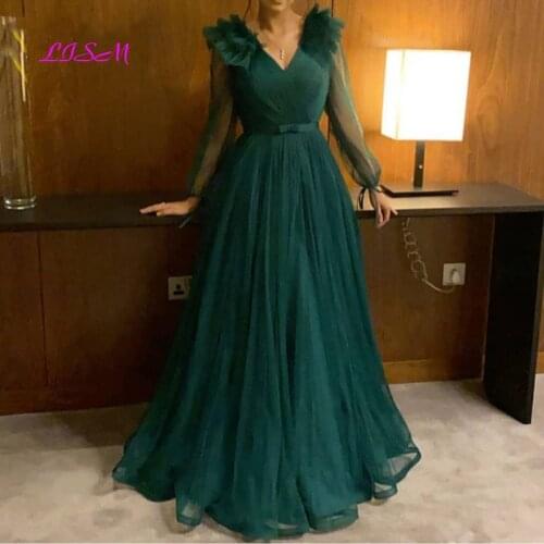 Elegant Green Evening Dresses V-Neck Tulle Formal Prom Party Gowns Muslim Arabic Plus Size Long sleeves Mother of Bride Dresses