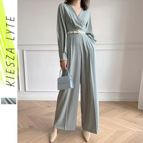 Elegant Jumpsuits Women Long Sleeve Overalls French Luxury New Light Green High Waist Chiffon Wide Leg Pants Jumpsuit Rompers