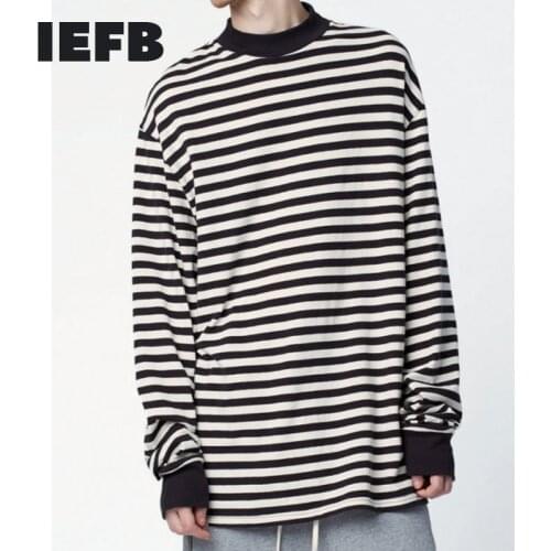 IEFB High Neck Black White Stripe Long Sleeve Same Oversize T-shirts For Men 2021 Spring New Fashion Casual Pullover Tops 9Y5009