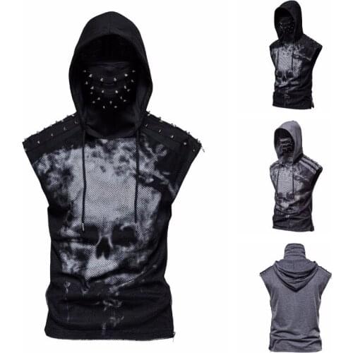 Mens T-shirts Stretch Fitness Men Skull Print Cyberpunk Ninja Hooded Sleeveless Harajuku Rivet T-shirt Face Mask Cycling Jersey
