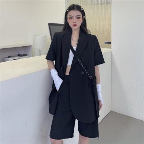 2021 KoukiMa Shorts Sets Street Office High Waist Baggy Cozy Tow Piece Sets Summer Korean Style Short Sleeve Casual Blazer Suit