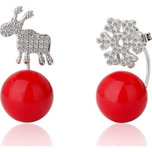 Red Cherry Snowflake Deer Stud Earrings For Girl Beautifully Christmas Gift Pure 925 Sterling Silver Jewelry Promotion