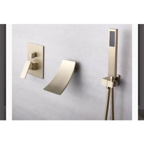 Brushed Gold Bathtub Faucet Wallfall Spout Wall Mounted Hot & Cold Water Mixer Tap