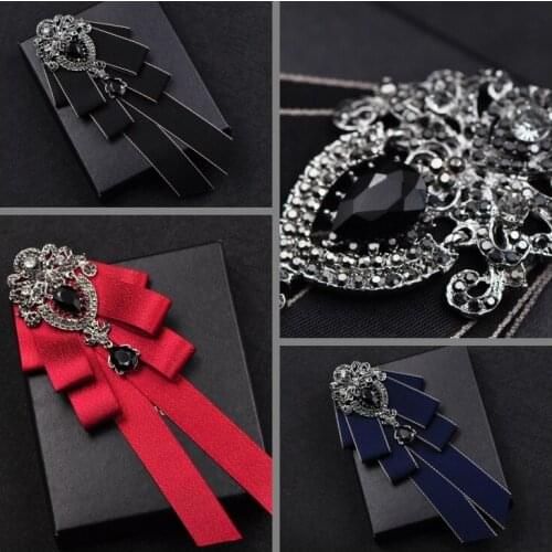 Fashion Handmade Long Ribbon Bow Tie Brooch Rhinestones Bowknot Necktie Collar Wedding Luxulry Jewelry Gifts for Men Accessories