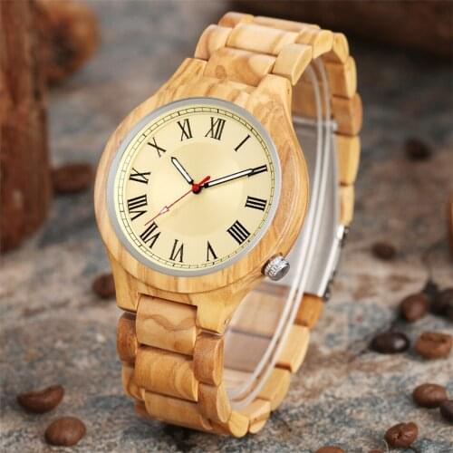 Roman Numerals Red Seconds Full Wooden Men Watch Quartz Wood Wristwatches Folding Clasp Casual Fashion Mens Watches New 2020