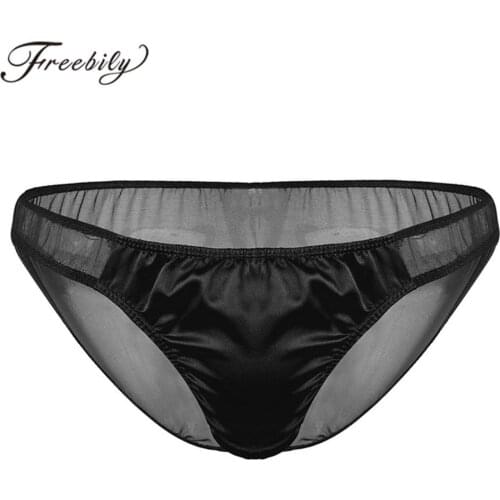 Mens Male Panties Low Rise Bikini Briefs Underwear Homme Breathable Shiny Satin Ruffle See Through Sheer Mesh Hommes Underpants