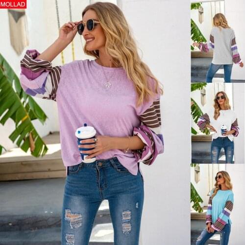 2021 Summer New Womens Clothing Europe and America Cross Border Patchwork Stripes Casual Long Sleeve Knitted Women
