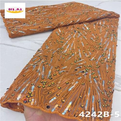 Wholesales Nigerian wedding lace Popular soft African Sequince lace fabric For Spring Summer long Dresses Yellow NA4242B-3