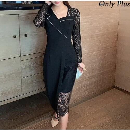 2021 Autumn Fashion Show Lace Patchwork Original Design Thin Temperament Small Fragrance Dress All-match Waist Black Dress