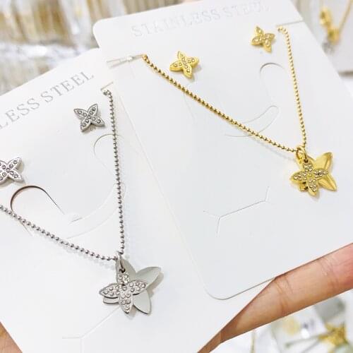 Gold Plated Clover Fashion Stainless Steel Set earrings Four Leaf Jewelry Necklace