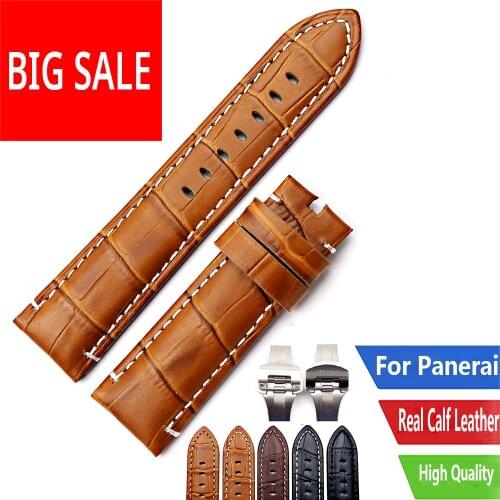 CARLYWET 22 24mm Leather VINTAGE Black Real Calf Crocodile Grain Thick Wrist Watch Band Belt Silver Black Clasp For Panerai