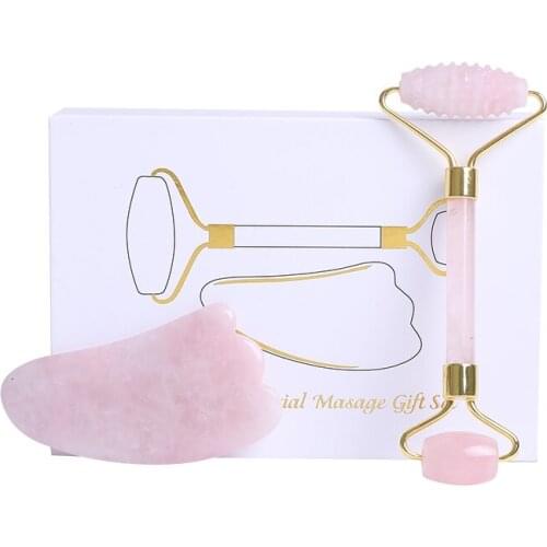 Rose Quartz Gouache Scraper Face Massage Roller Guasha Scraper Natural Gouache Stone Facial Roller Massager Jade Facial Massager