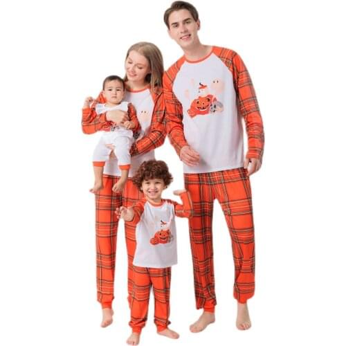 Family Matching Clothes Spring and Autumn Halloween Parent-child Wear Home Pajamas Pumpkin Pattern Plaid Parent-child Sleepwear