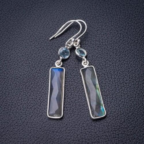 StarGems Natural Blue Fire Labradorite And White Topaz Handmade 925 Sterling Silver Earrings 2" D7791