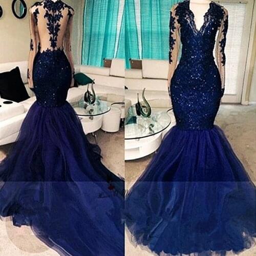 Navy Blue Elegant Long Sleeve Prom Dresses 2018 Lace Beads Beads Mermaid Formal Evening Gowns Vestido de Renda Festa Galajurken