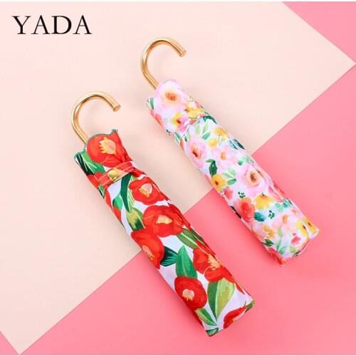 YADA 2020 INS Flower Pattern J Handle Princess Umbrella 3-Folding Umbrellas For Girl Women Anti-UV Lovely Rain Umbrella YD200298