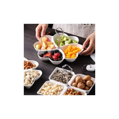 Japanese snack plate ceramic compartment fruit plate creative simple shape with bamboo handle dried fruit plate snack plate