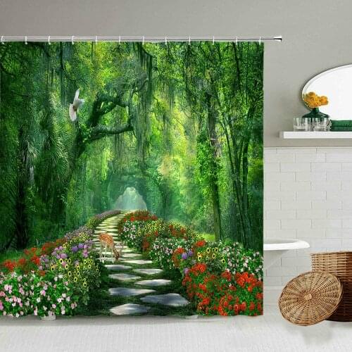 Tropical Forest Landscape Shower Curtain Summer Green Plant Flower Deer Animal Road Scenery Bathroom Waterproof Cloth Curtains