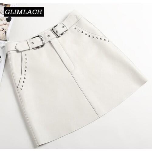 Women Lambskin Real Leather A-Line Skirt With Belt Rivets High Waist 100% Genuine Leather Skirt Female Quality Spring Fashion