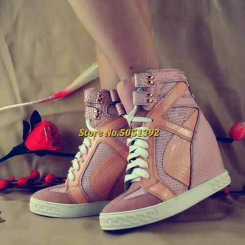 Women Snearkers Bootie Pink Serpentine Patchwork Height Increasing Casual Shoes Female Round Toe Lace Up Shoes Sneakers Trendy