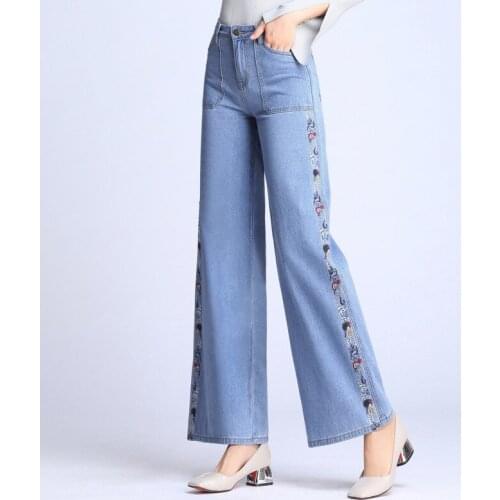 Free Shipping New 2019 Womens wide-leg Jeans Spring and autumn Fashion High Denim Pants Flares Embroidered Trousers