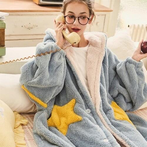 IANLAN Womens Winter Coral Fleece Bathrobe Relaxed Hooded Pajamas Ladies Thick Soft Sleepwear Long Nightgowns IL00442