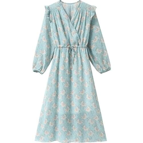 Women Retro Floral Dress Cross V Neck Wooden Ear Slim Long Sleeve Drawstring Dress 2021Summer Elegant Chiffon Dress Party Female