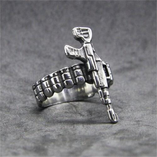 1pc Newest Design Bullets Gun Ring 316L Stainless Steel Jewelry Hiphot Style Men Boys Machine Gun Ring
