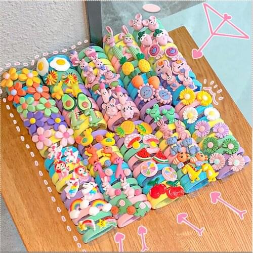 10PCS/Set Girl Sweet Rubber Hair Tie Rainbow Cartoon Character Fruits Flower Elastic Hair Bands Kids Headwear Hair Accessories