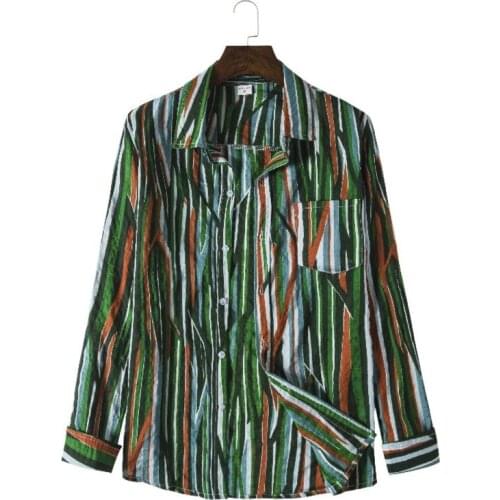 #6949 Casual Vintage Vertical Striped Shirts For Men Lapel Collar Cotton Linen Striped Mens Shirt Long Sleeve Thin Loose Shirt