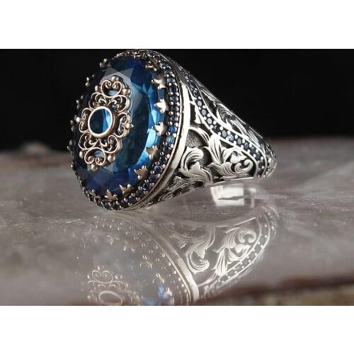 Aqua Blue Cubic Zirconia 925 Sterling Mens Silver Ring