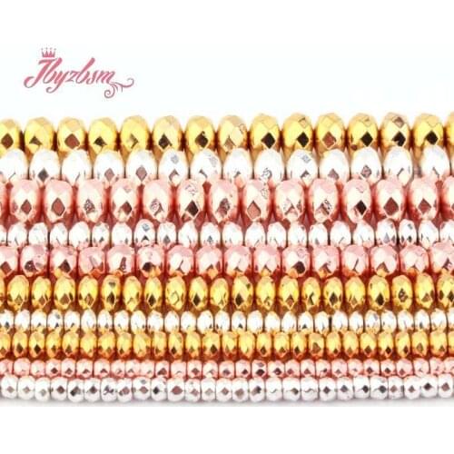 Natural Silver Gold Rose Gold Hematite Heishi Faceted Stone Beads 2x3/2x4/4x6/5x8mm For DIY Necklace Bracelet Jewelry Making 15"