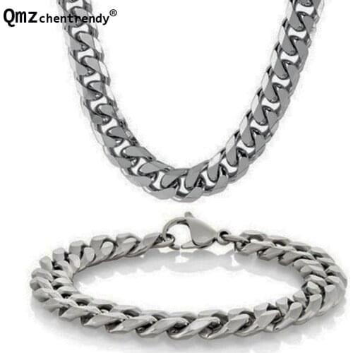 Hip Hop Women Men Punk Stainless Steel Bling Cuban Chains Jewelry Sets Link Chain Miami Cuban Necklace Bracelets 60cm 10mm