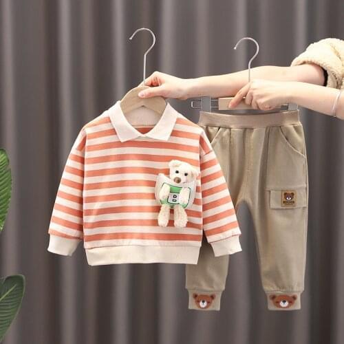2021 spring and autumn new boys' solid color striped Lapel bear long sleeve suit baby cotton loose two piece set