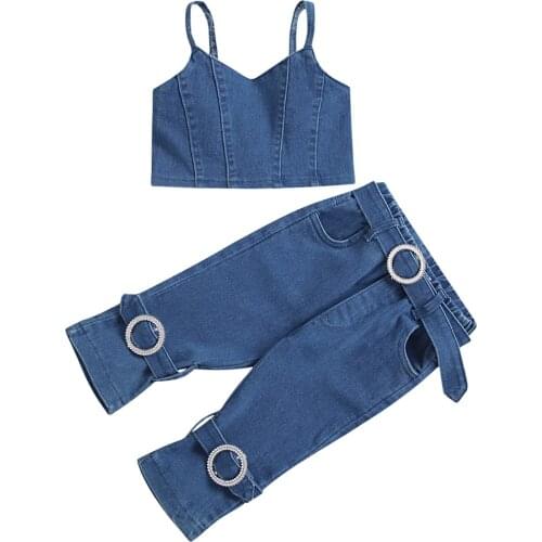 2021 0-5Y Fashion Toddler Girl Denim Clothing Set Summer New Blue Solid Sleeveless Crop Top+Belt Flare Pants 2pcs Casual Outfits