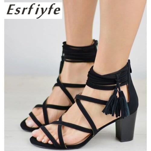ESRFIYFE 2019 New Womens Sandals Fringe Shoes Woman Cross Bandage Sandals Summer High Heel Shoes Ankle Strap Sandalias Mujer