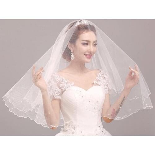 Bridal veil wedding pearl veil tulle two-layer selvage woman sticky beads wedding accessories wedding cheap veil