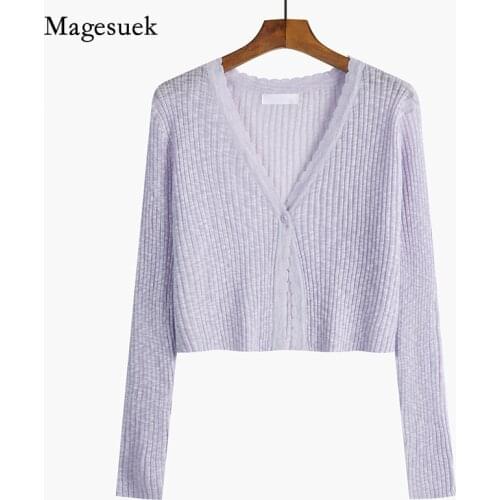2021 Summer New Gentle Wind Long Sleeve Short Top Solid V-neck Knitted Cardigan Coat Blouse Sweet Cardigan Women Shirt 15845