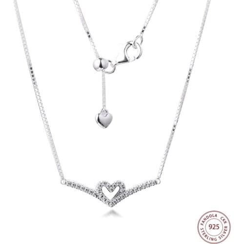 100% 925 Sterling Silver Sparkling Wishbone Heart Collier Necklaces for Women Fine Jewelery Gift Necklaces & Pendants Pendentif