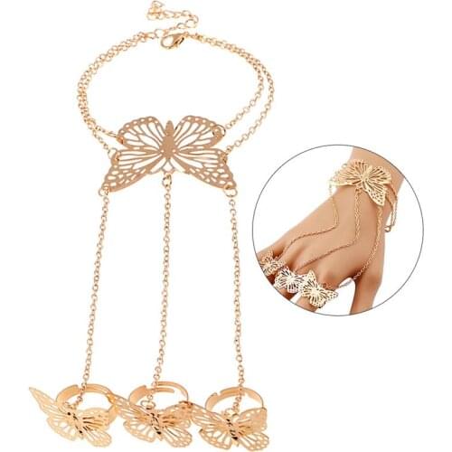 Coxeer Creative Finger Ring Bracelet Fashion Hollow Out Butterfly Decor Hand Harness Bracelet Chain Bracelet Jewelry Accessories