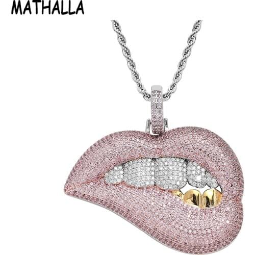 MATHALLA Mens Hiphop Golden Copper Teeth Sexy Lip Pendant Ice Out Cubic Zirconia Fashion Mens Necklace Hip Hop Jewelry