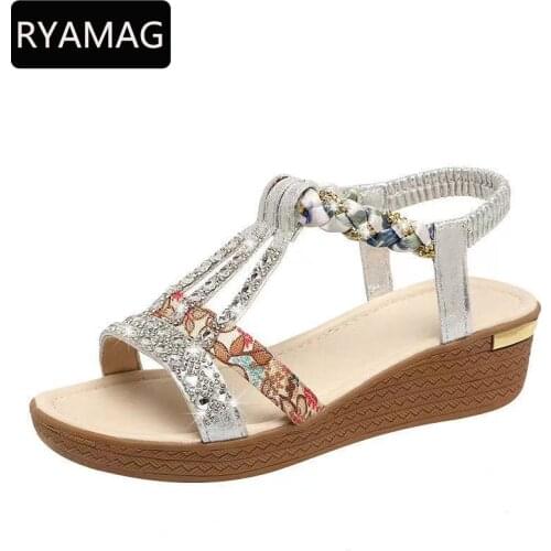 RYAMAG Platform Wedges Sandals Women Summer 2021 New Womens Shoes Vacation Rhinestone Platform Bohemian Beach Slippers