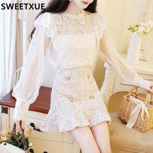 SWEETXUE 2021 Spring New Cute Temperament Lace Mesh Shirt + High Waist Tweed Fishtail Skirt 2-Piece Suit Fashion Female