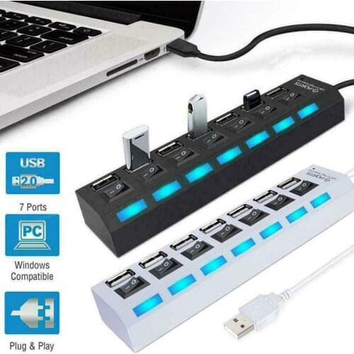 USB 2.0 7 Ports Hub USB Splitter Adapter with On/Off Switch High Speed USB 2.0 Hub For PC Laptop Computer Accessories Black/Whit