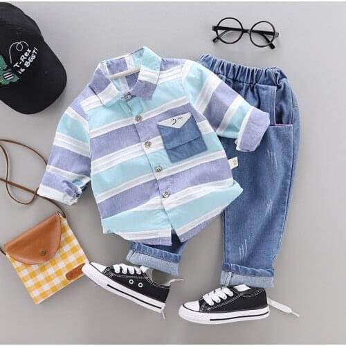 Spring&Autumn Korean childrens clothing casual color stripes long sleeve shirt pants two-piece suit