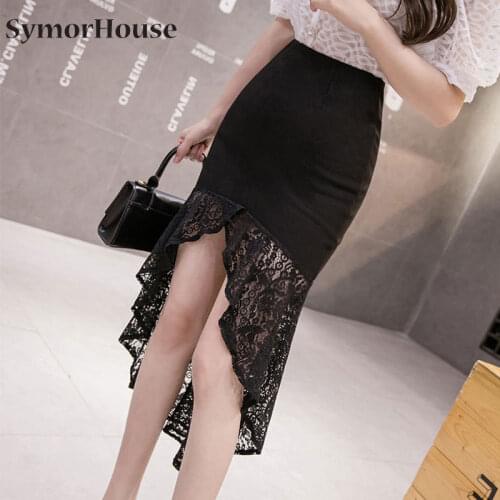 S-3XL Women Pencil Skirt Plus Size 2021 Fashion Mid-Calf Long Lace Patchwork Skirt Lady Stretch Elegant Office Back Skirt