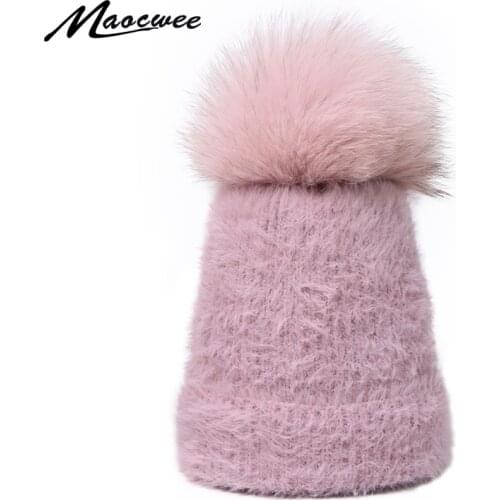 Women Hat Real Fur Pom Pom Hat Beanie Knitted Cap Children Winter Female Warm Wool Nature Fur Crochet Soft Solid Outdoor Natural